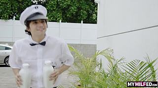 hot milf paris the muse catches milk man cumming during workout