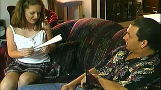 Julia spreads her shaven pussy in stockings for boyfriend's cock