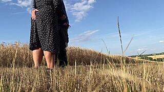 Mature step mother-in-law in sexy dress makes son-in-law cum while wife doesn't see.