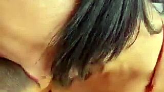 brazilian milf with tattoos seduces for a delicious handjob, feeling the big cock on her big tits