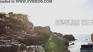 Petite Canadian milf shows off her big ass in a solo striptease on the beach