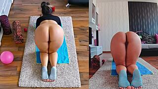 Double Cam Setup Reveals Curvy Milf in Naked Yoga Workout with Ass Spreading