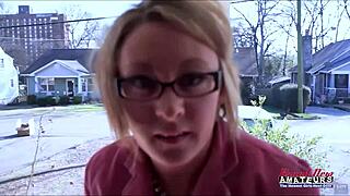 Horny blonde milf Primrose gives blowjob and swallows warm cum in pov.