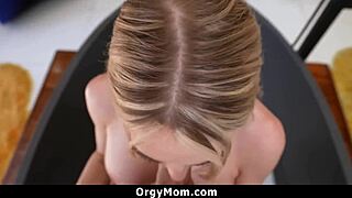 Stunning milf pulls out her big tits for cheating blowjob. She gives stepson pov handy in wild orgy session