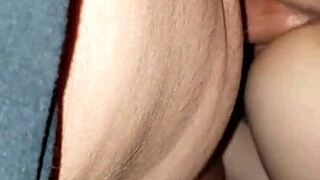 Redhead granny takes creampie in her pregnant pussy from hard cock action.