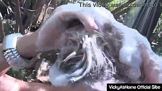 Big titted milf Vicky Vette masturbates her hairy oiled pussy