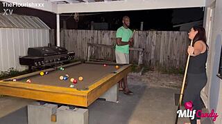 milfcandy samantha plays pool outdoors and ends up with a big challenge from her brunette friend.