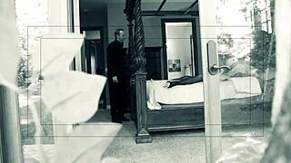 Brunette mom in lingerie and fishnets gets bent over for deepthroat blowjob and facial cumshot.