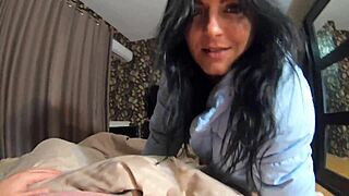 A Lot of Cum on New Sky Blue Down Jacket and White Pantyhose for Impotent Husband