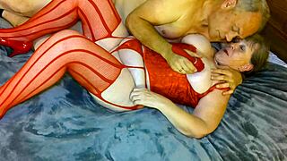 Granny carmens rides black dildo in red outfit to cum