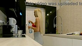 big boobs blonde hot housewife wanders in kitchen at home without panties