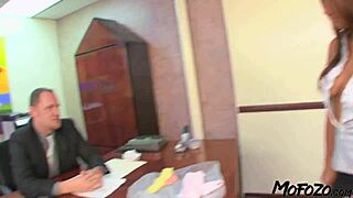 Tanned Secretary Takes Rough Deepthroat and Licks Until Cum Covers Her Tits