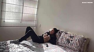 My stepmom touches herself while I watch from closet until she discovers me fingering her wet pussy