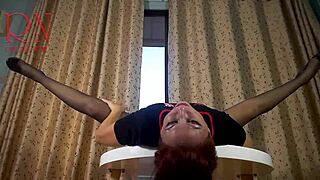 nice lady teases in pantyhose and heels at round table. she strips lingerie revealing curvy body and juicy pussy.