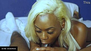 Sexy blonde milf blows big black cock then rides cowgirl style with cumshot in mouth.