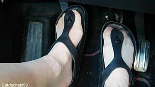 German Mature Woman Pumps Toes Close Up in Car with Pantyhose