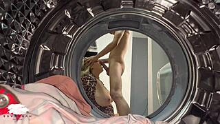 chubby blonde enjoys sex with young guy in laundry room