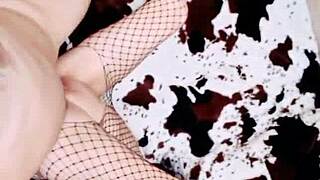 Mature skinny woman teams up with muscular man to film amateur porno, focusing on her natural tits in pov style.