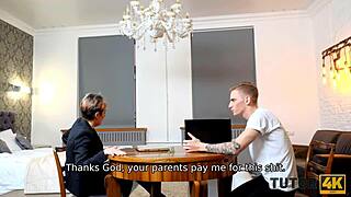 tutor4k shows tricky boy drilling russian mature tutor in black stockings during missionary sex session