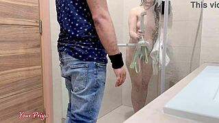 Step Mom Gets Soaked in Hot Creampie Sex Right After Bath Under the Shower with Dirty Talk and Moans!