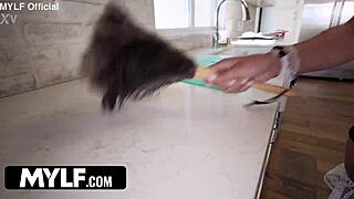 Sassy maid in fishnets takes anal creampie in kitchen