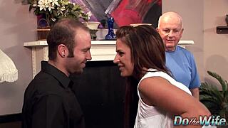 Busty housewife Brooke Belle takes cum in mouth after fucking in front of cuck hubby