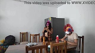 Intriguing a housemaid touches her body very sensually and flirts with a dildo while feeding a blind man