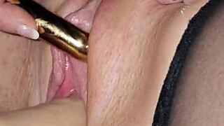 Wife Takes Big Cock Dildo Deep in Shaved Pussy with Cum