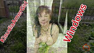 Brunette milf with big natural tits spreads asshole outdoors in 1on1