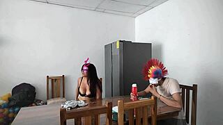 Intriguing a housemaid touches her body very sensually and flirts with a dildo while feeding a blind man