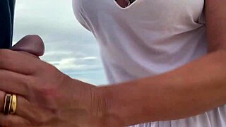 busty stranger milf gives handjob and makes me cum publicly in front of everyone with her big tits