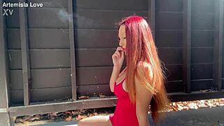 Hey, look at my big tits while I smoke outdoors, feeling so sexy as Italian MILF Artemisia Love