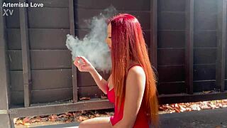 Hey, look at my big tits while I smoke outdoors, feeling so sexy as Italian MILF Artemisia Love