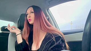 Italian Long-Haired Big-Titted Milf Artemisia Love Smokes Cigarette in Car and Flashes Nipple