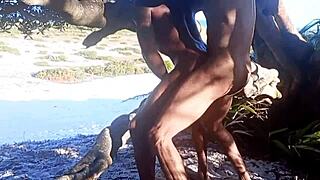 I found the muscular lifeguard at the beach dunes and took charge deeply in that outdoor public encounter