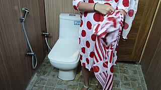 Indian teen stepson sneaks up on stepmom changing in toilet for deepthroat blowjob and cowgirl riding sex