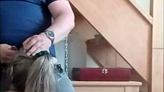 amateur french milf in bondage and handcuffs gets facial cumshot after outdoor blowjob. exhibitionist slut endures humiliation with dirty talk and slapping in public.