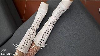 perfect-assed milf in high-heeled boots and fishnet stockings!