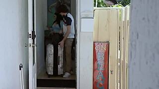 Brunette step mom with big ass bent over for deepthroat blowjob and doggystyle fucking on vacation