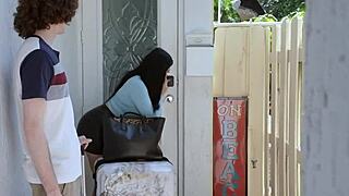 Brunette step mom with big ass bent over for deepthroat blowjob and doggystyle fucking on vacation