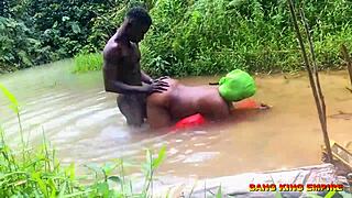 Asian milf rides big black cock outdoors in cowgirl then takes doggystyle creampie cumshot.