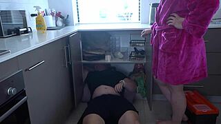 Milf stepmom hires stepson as handyman for household tasks. She rewards him with blowjob, riding his cock, and wet creampie in close-up action.