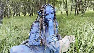 Monika Fox as avatar uses big dildo for anal and pussy fucking with squirting and prolapse in outdoor forest cosplay.