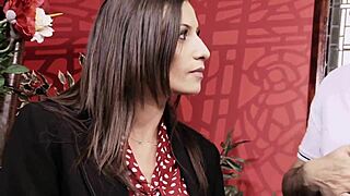 This horny brunette milf with big boobs eagerly sucks that cock. Then she gets fucked hard in the bar.