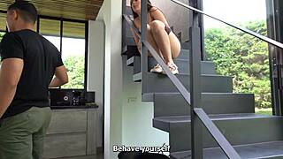big ass latina sneaks a fuck with muscular boyfriend on staircase away from mom