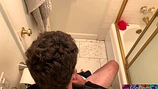 Why does this curvy blonde stepmom help her stepson cum so intensely in the bathroom?