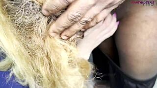 Mature blonde Krayana bends over for deep interracial anal creampie from black lover.