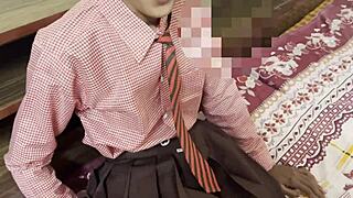 Teacher tricks blonde student into bedroom blowjob and rough doggystyle sex with creampie in homemade couple session