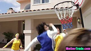 Stepmothers gathered their stepsons after the basketball game for an intense 4some fuck session.