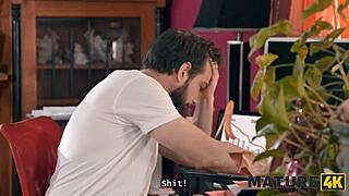 Mature redhead in stockings moans through shaved pussy sex to achieve a strong orgasm.